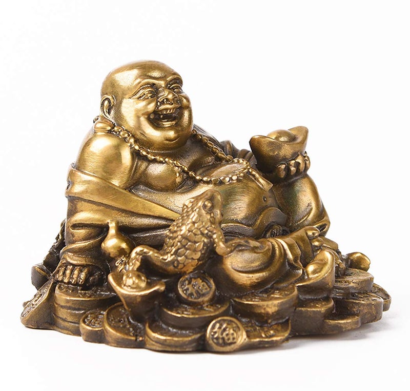 BRABUD Brass Sitting Laughing Buddha with Money Frog Protect House Peace Wealth Decoration TQ163 - Image 1